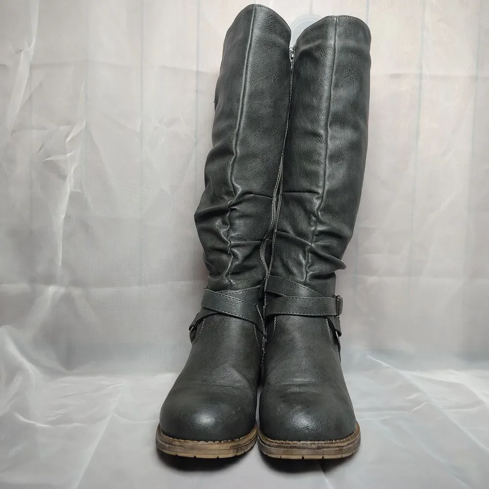 Kadi Maya Charcoal Gray Faux Leather Slouchy Zip Up Knee High Riding Boots sz 8